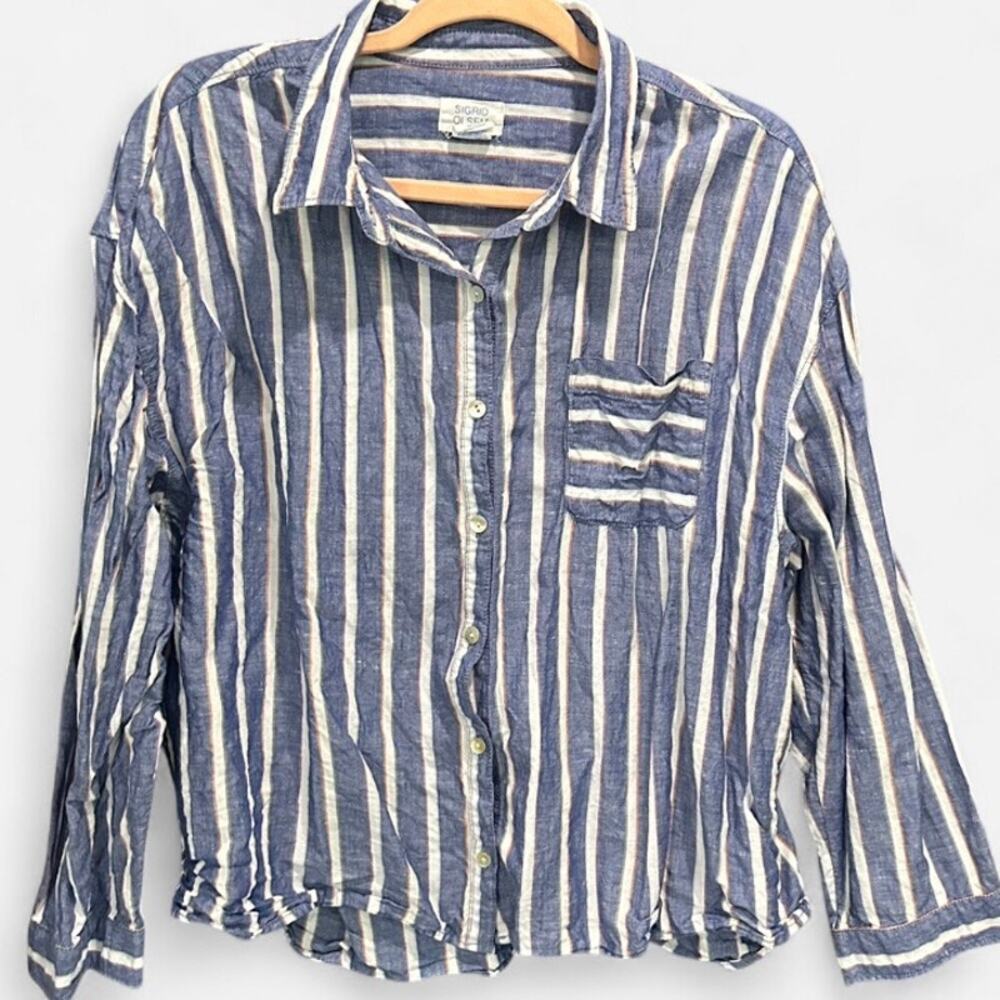 Sigrid Olsen Linen Cotton Stripe Shirt XL Oversized Cropped Coastal Boho - Picture 4 of 11